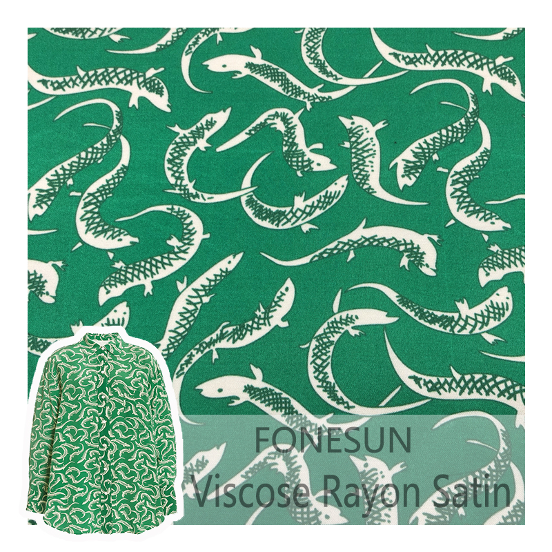 Customized pattern digital printing green jumping fish printed viscose rayon satin fabrics for making clothes