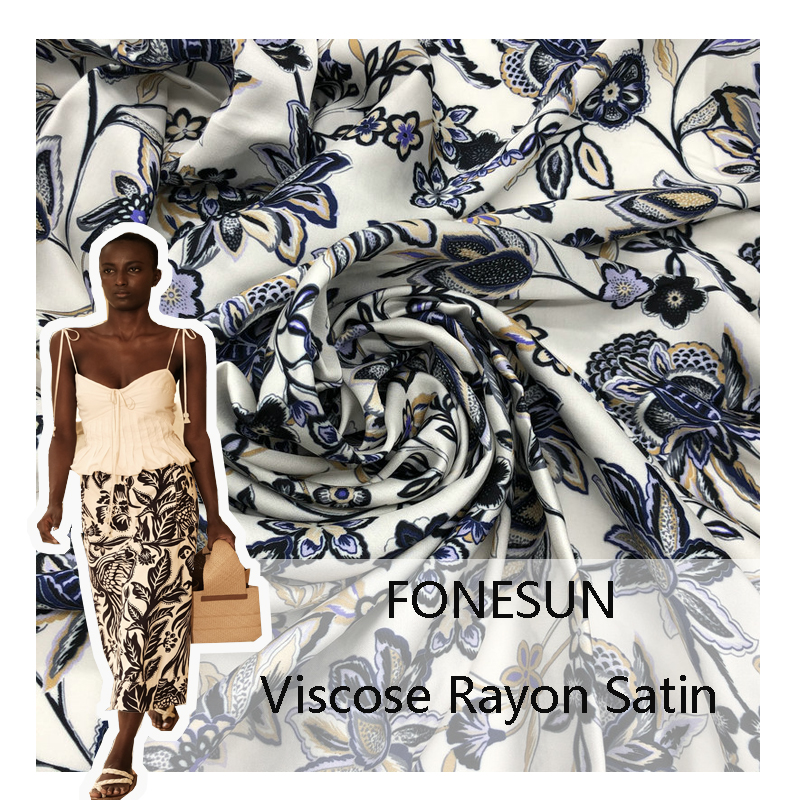 Chinese factory custom viscose rayon satin printed fabric is soft and draped like silk