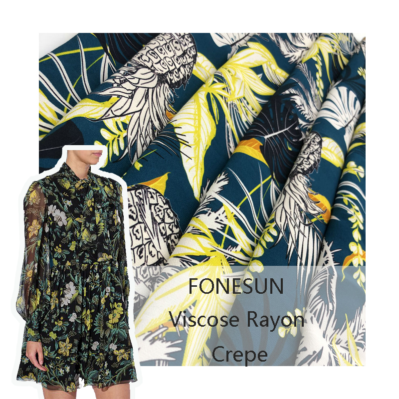 Tropical Plant Monstera Print Viscose Rayon Crepe Fabric Georgette Fabric 100% Viscose Digital Printing Customer Accept OEM T/T